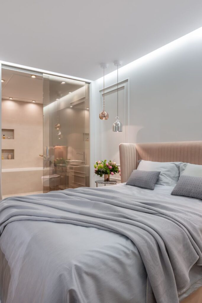 A large bed in a bedroom.