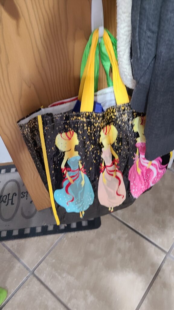 The inside of a closet door. A reusable bag is hanging on a hook.
