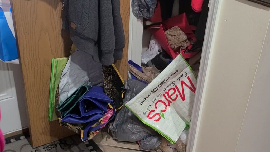 An open closet door. Plastic and reusable shopping bags are scattered on the floor.
