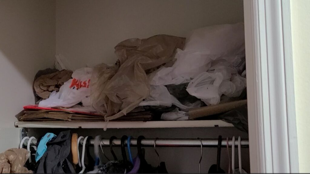 A top shelf of a closet. Shopping bags are scattered on top.