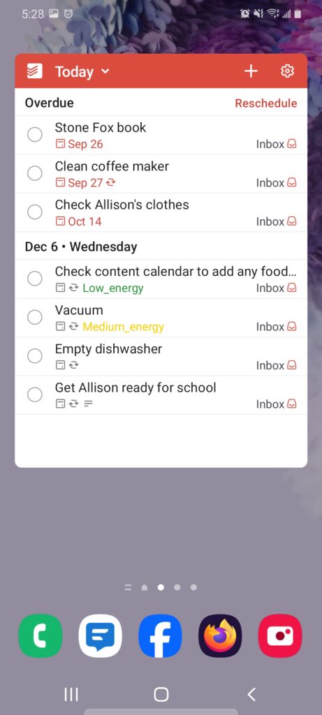 A phone screenshot of the ToDoist widget, showing a to-do list