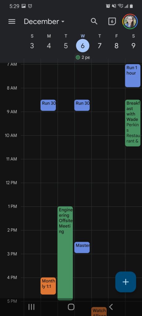 A phone screenshot of Google Calendar