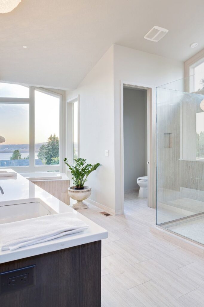 A brightly lit bathroom. In view is a large window, a plant, a walk-in shower, and a toilet.
