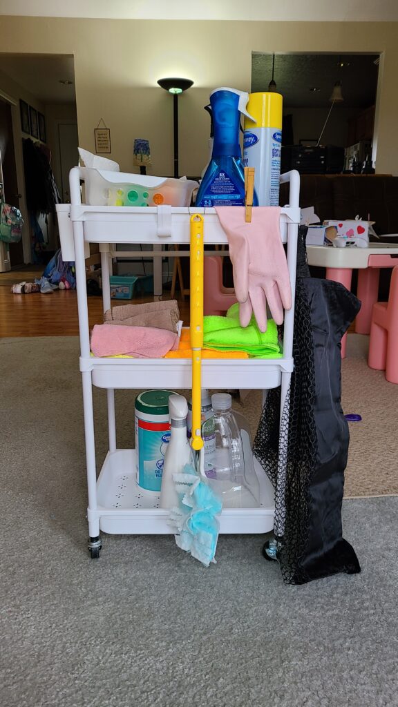 A full view of a rolling cart filled with cleaning supplies.