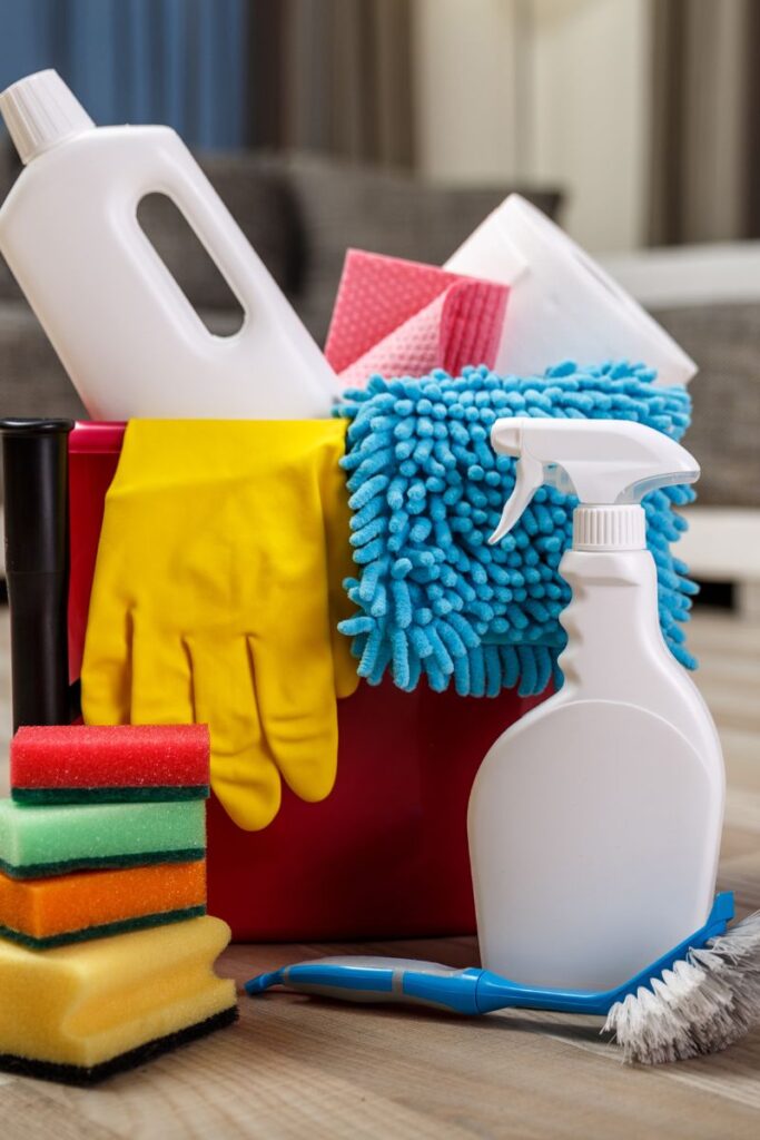 A bucket filled with miscellaneous cleaning supplies
