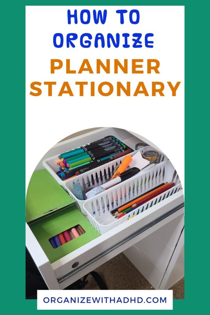 The inside of a desk drawer. Inside are small baskets of stationary items. Text says "How to organize planner stationary"