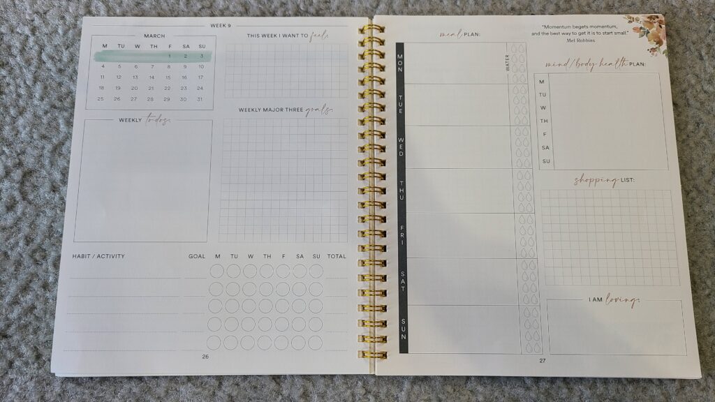 An opened Silk and Sonder planner, opened up to an un-filled weekly planning page.