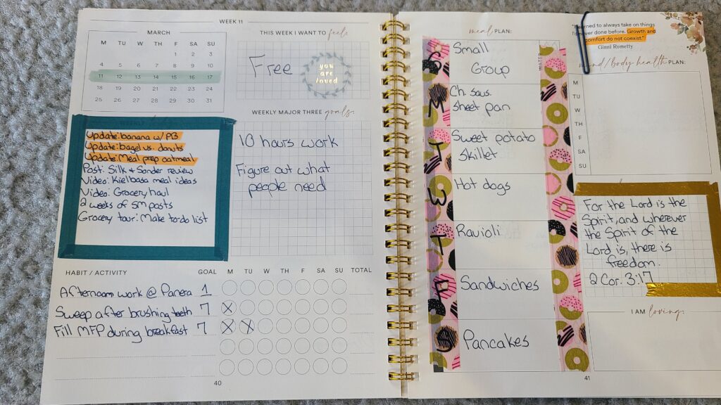 An opened Silk and Sonder planner, opened up to a filled-out weekly planner page