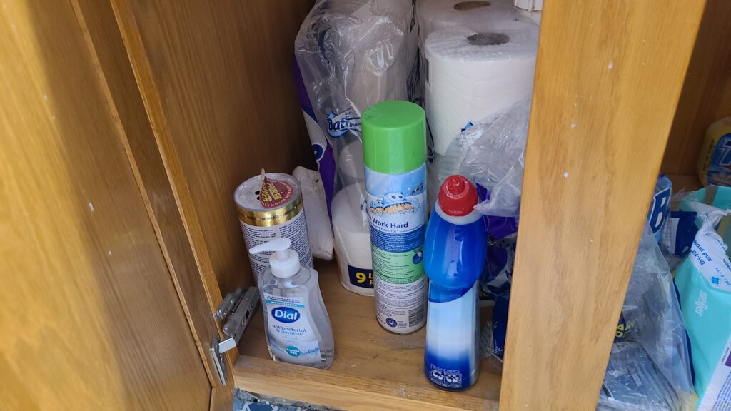 An image of cleaning supplies under a bathroom sink