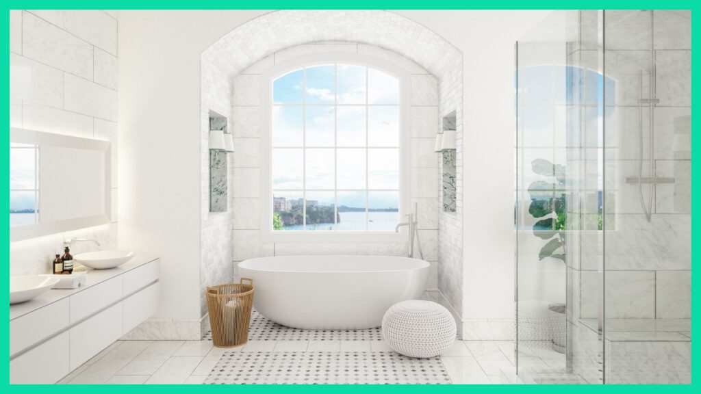 A wide view of a cleaned bathroom