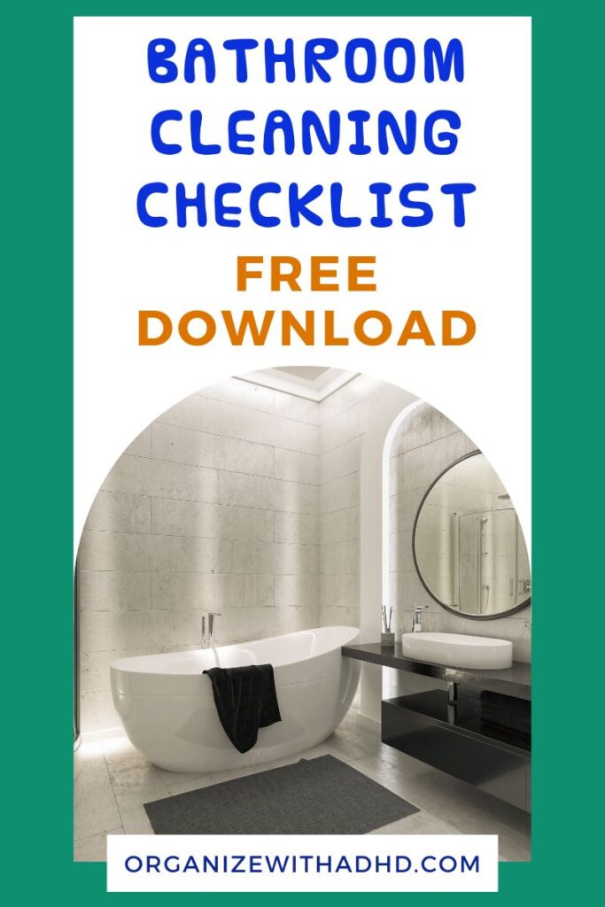 A picture of a cleaned bathroom. Text says "Bathroom cleaning checklist- free download"