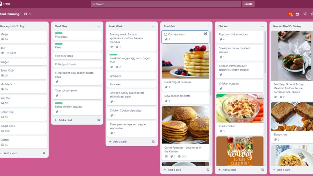A screenshot of a meal planning Trello board