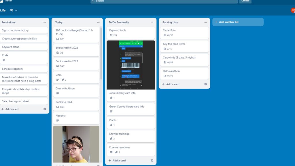 A screenshot of a Trello life organization board