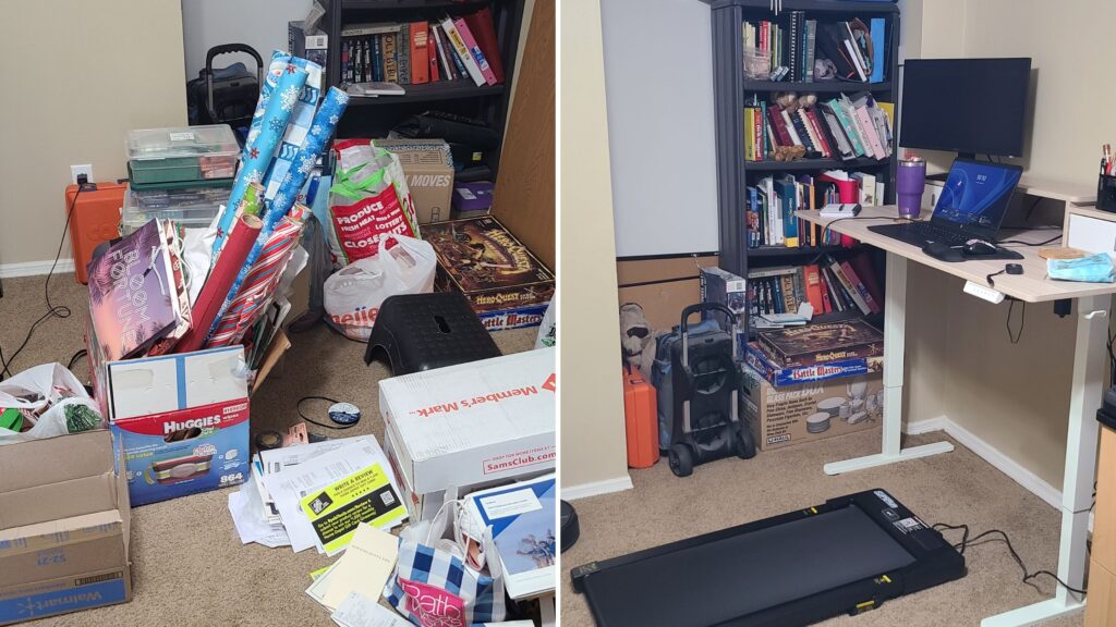 A before and after photo of a cluttered office vs. a decluttered office with a standing desk